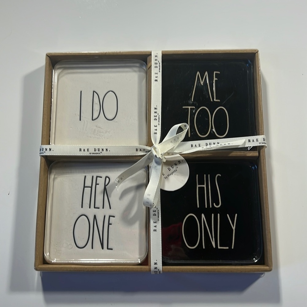 New Set of 4 Rae Dunn Engagement/Marriage Coasters